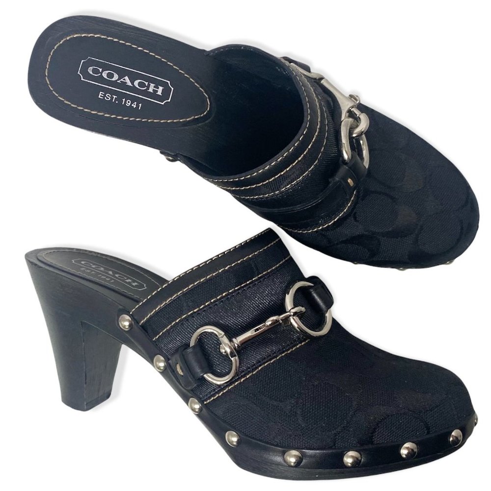 Coach Sutton Signature Jacquard Studded Clogs, sz 7M, Black/Silver, EUC, Heeled